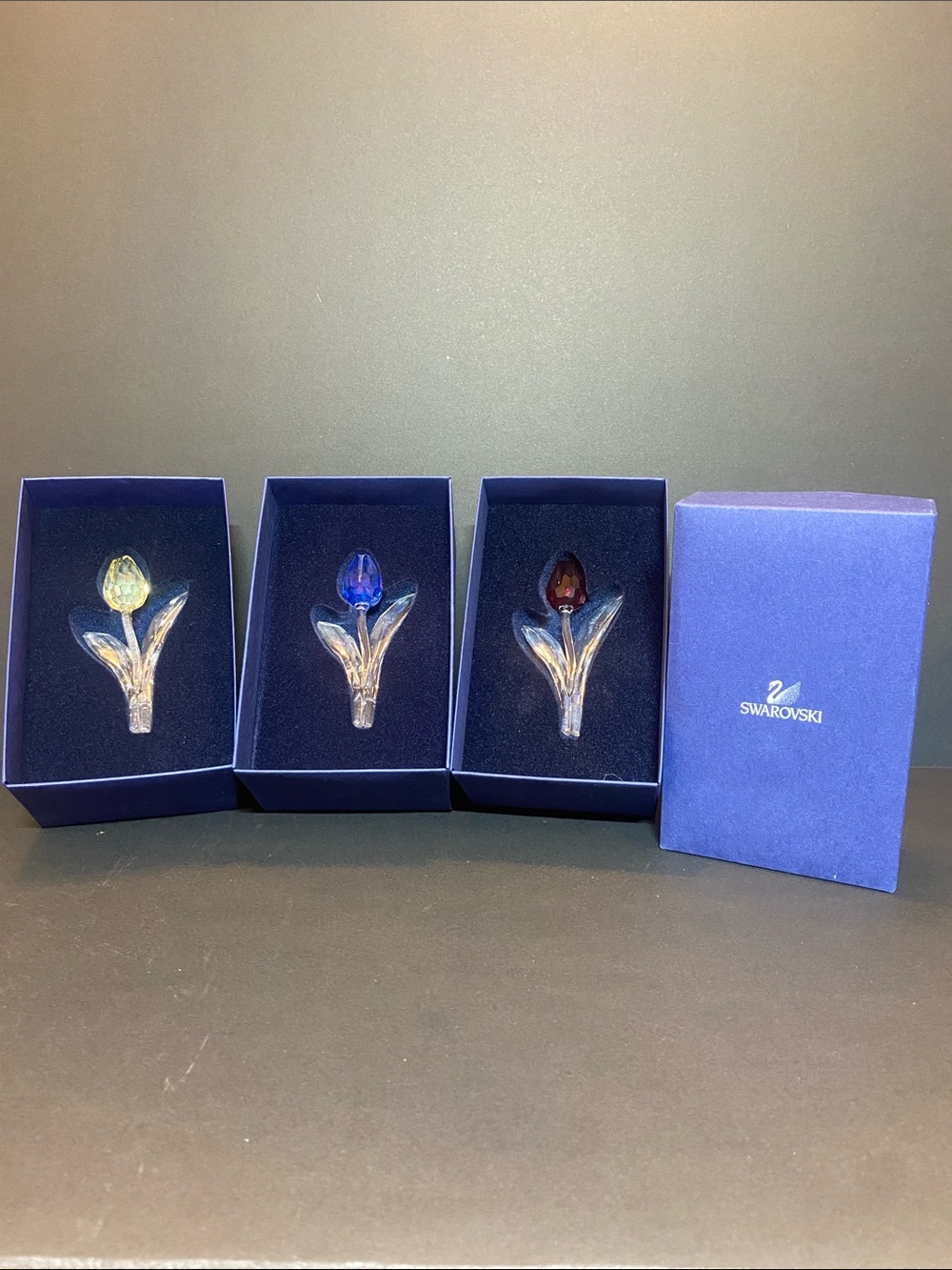 Swarovski Multi-Color Crystal Tulip Brooch Set - Blue, Green, Red